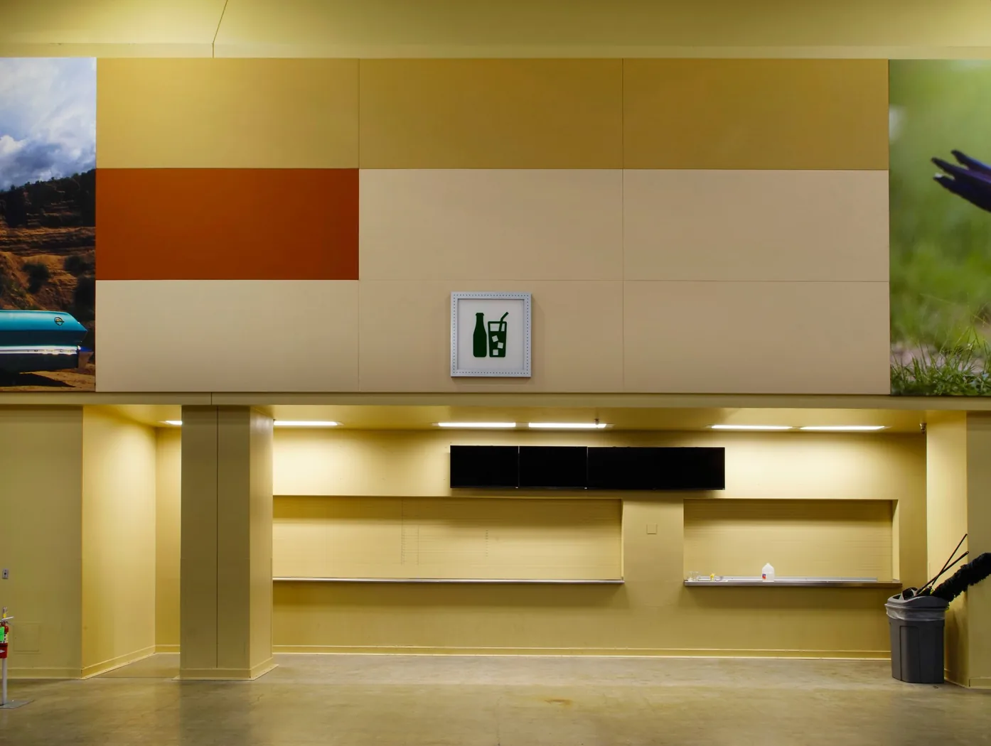 Color-block acoustic panels in a commercial interior