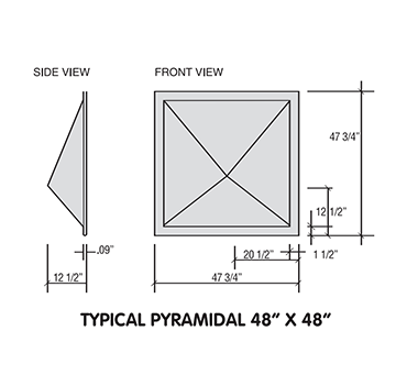Dimensioned side and front view of a pyramidal diffuser