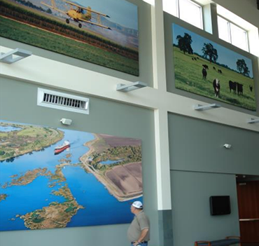 Large printed Quiet Images panels installed on a high wall
