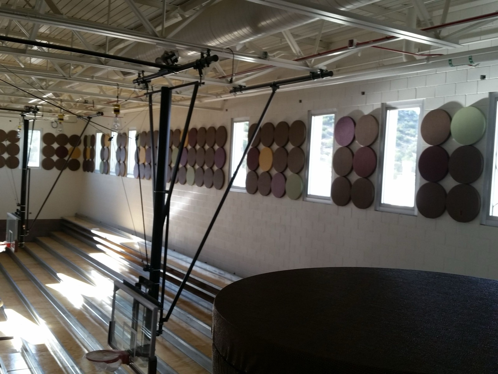 Circular acoustic wall panels positioned between gymnasium windows