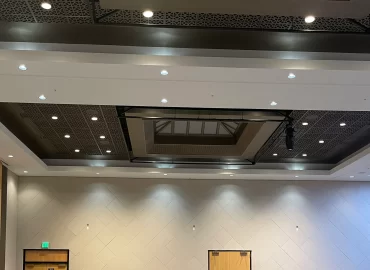 Wall-panel installation beneath a dark decorative ceiling.