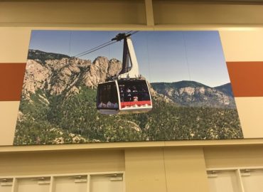 Photo mural positioned above orange and gray wall panels.