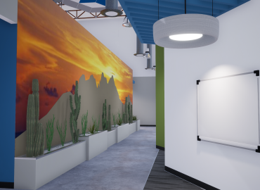 Colorful wall mural with a suspended circular ceiling feature.