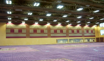 Pink and gray panels across a wide multipurpose hall.