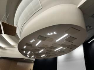 Large circular ceiling feature with small rectangular acoustic panels.